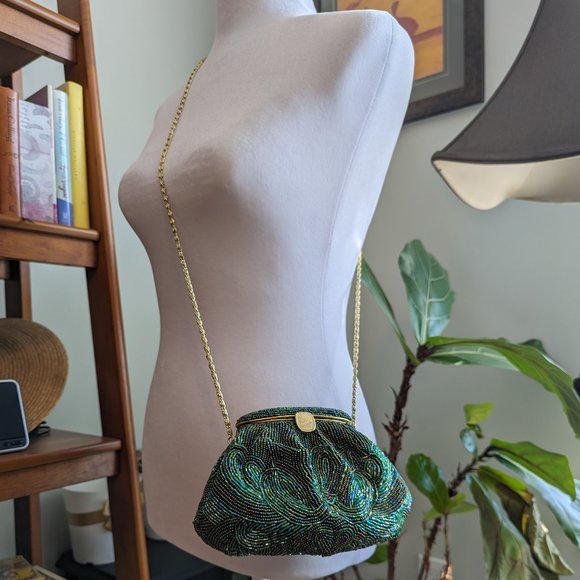 VINTAGE Green Beaded Mini Bag Shoulder Crossbody Clutch Convertible - Picture 16 of 16
